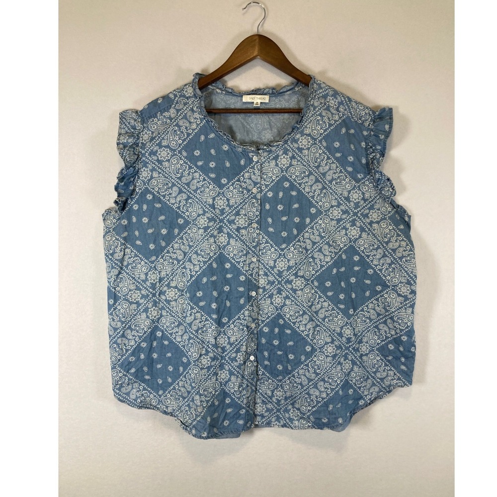 Farmhouse Daily Thread Womens 3X Blue Paisley Bandana Ruffle Button Blouse